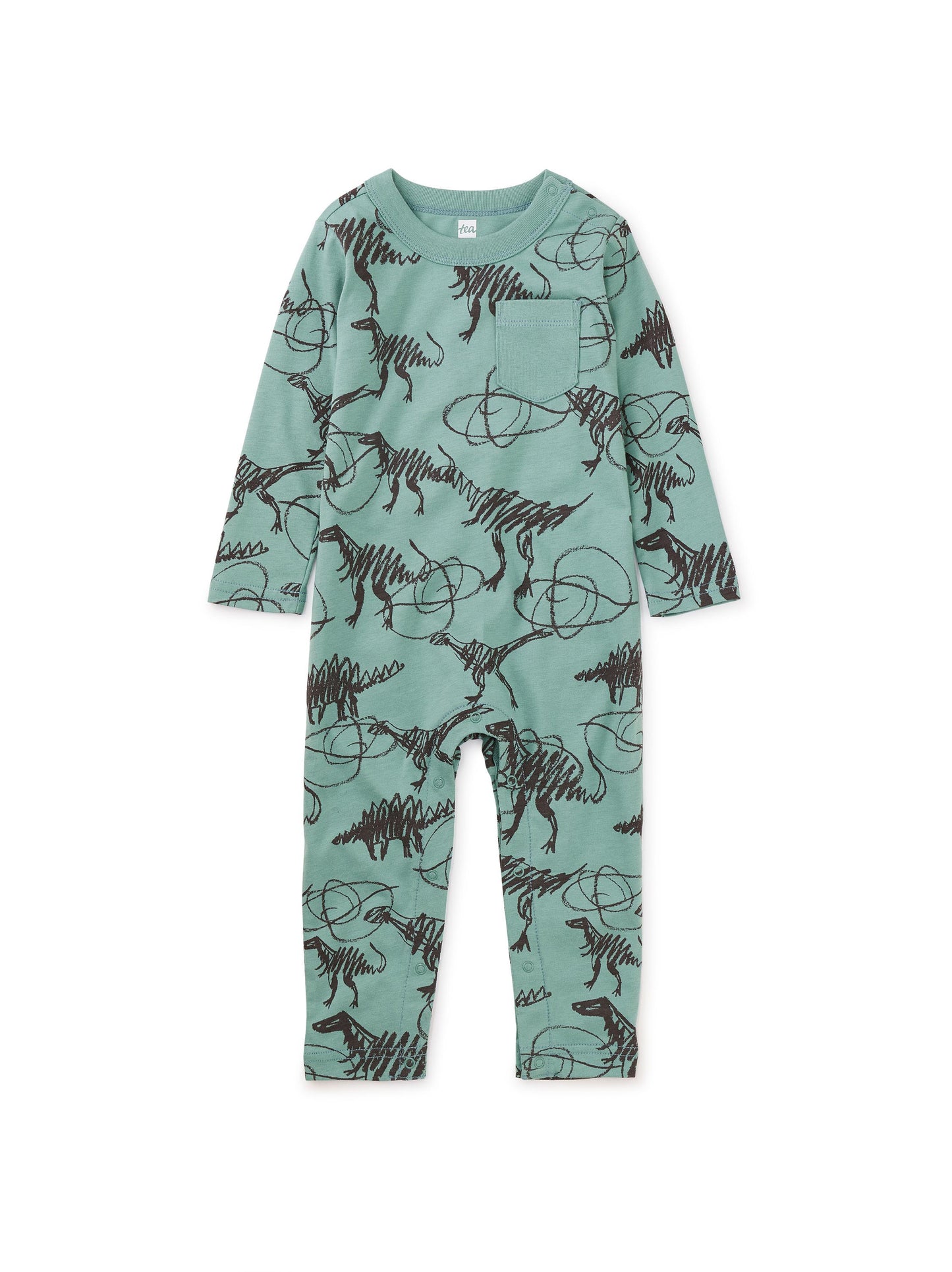 Scribbled Dinosaurs Long Sleeve Pocket Baby Romper