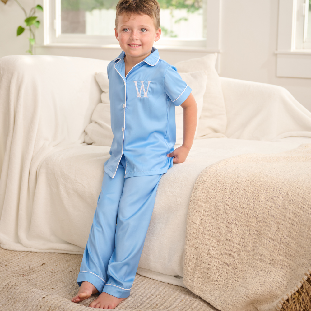 Kids Spring Summer Satin Pant Pajama Set - Powder Blue