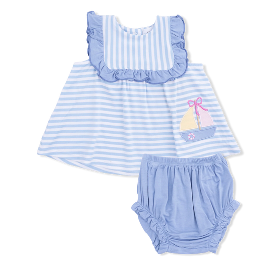Bubbly Sailboat Stripe | Ruffle Top and Bloomer