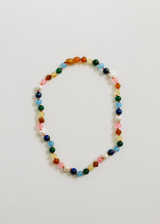 Raw Baltic Amber and Pearl Necklace + Sweet Pink Gemstones