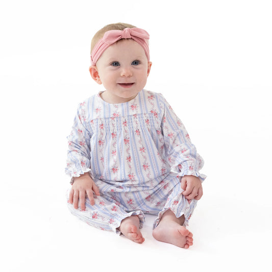 Anna Floral Stripe |Smocked Long Sleeve Onesie