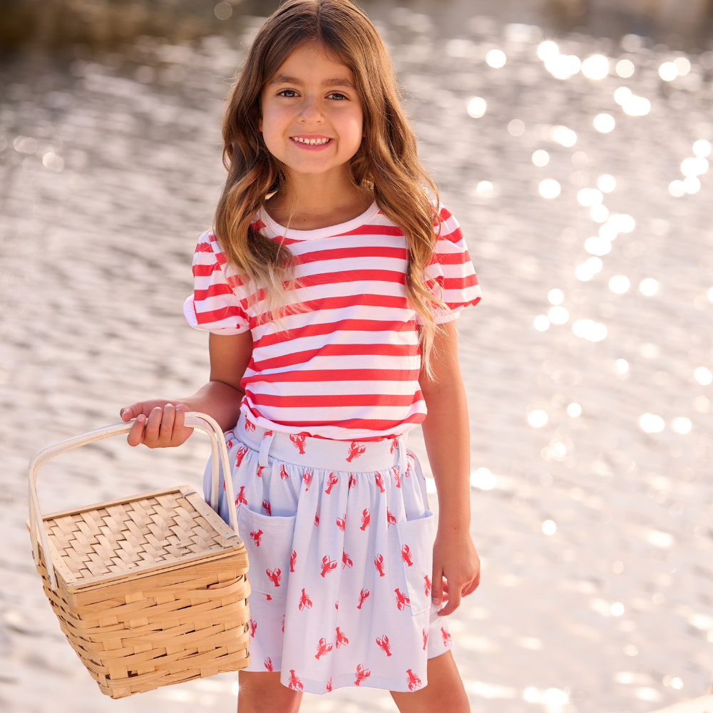 Girls Spring Summer Puff Sleeve Shirt - Amelia Red Stripe