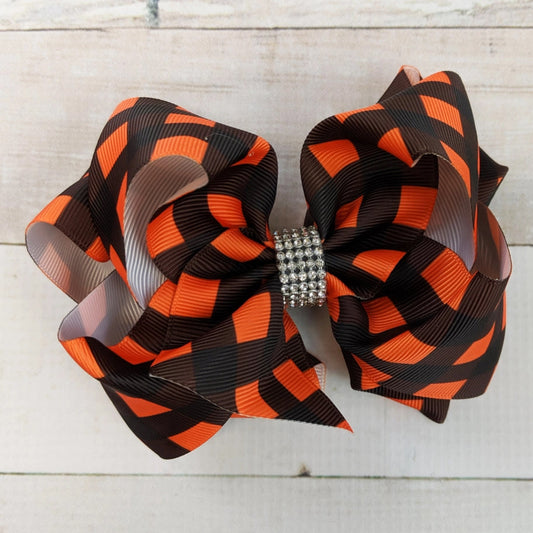 Orange & Black Buffalo Plaid Bow with Rhinestone Center