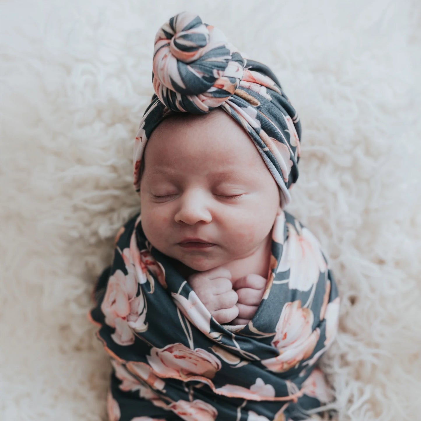 Peony Floral Swaddle Blanket with Knotted Turban & Hat