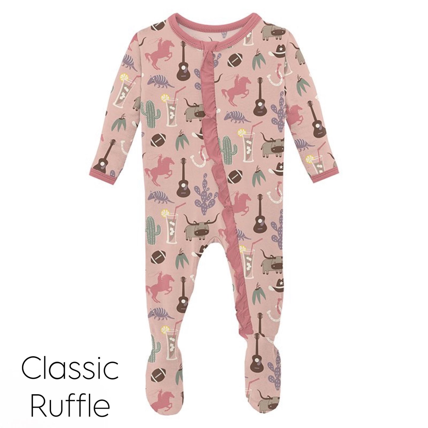 Peach Blossom Rodeo Print Ruffle Footie with Zipper