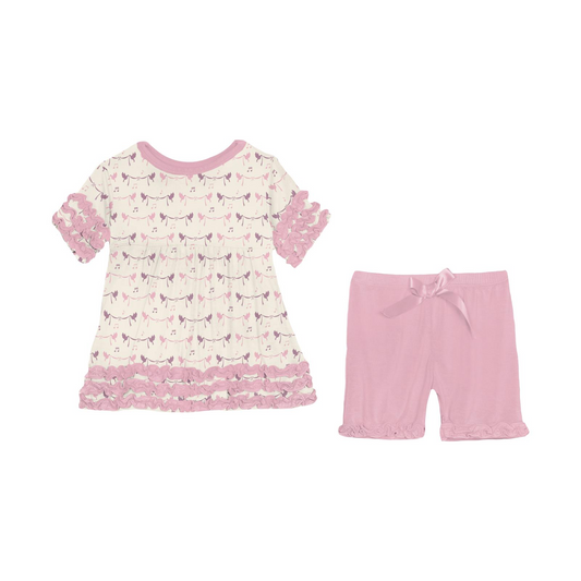 Natural Bird Banner Short Sleeve Babydoll Outfit Set with Shorts