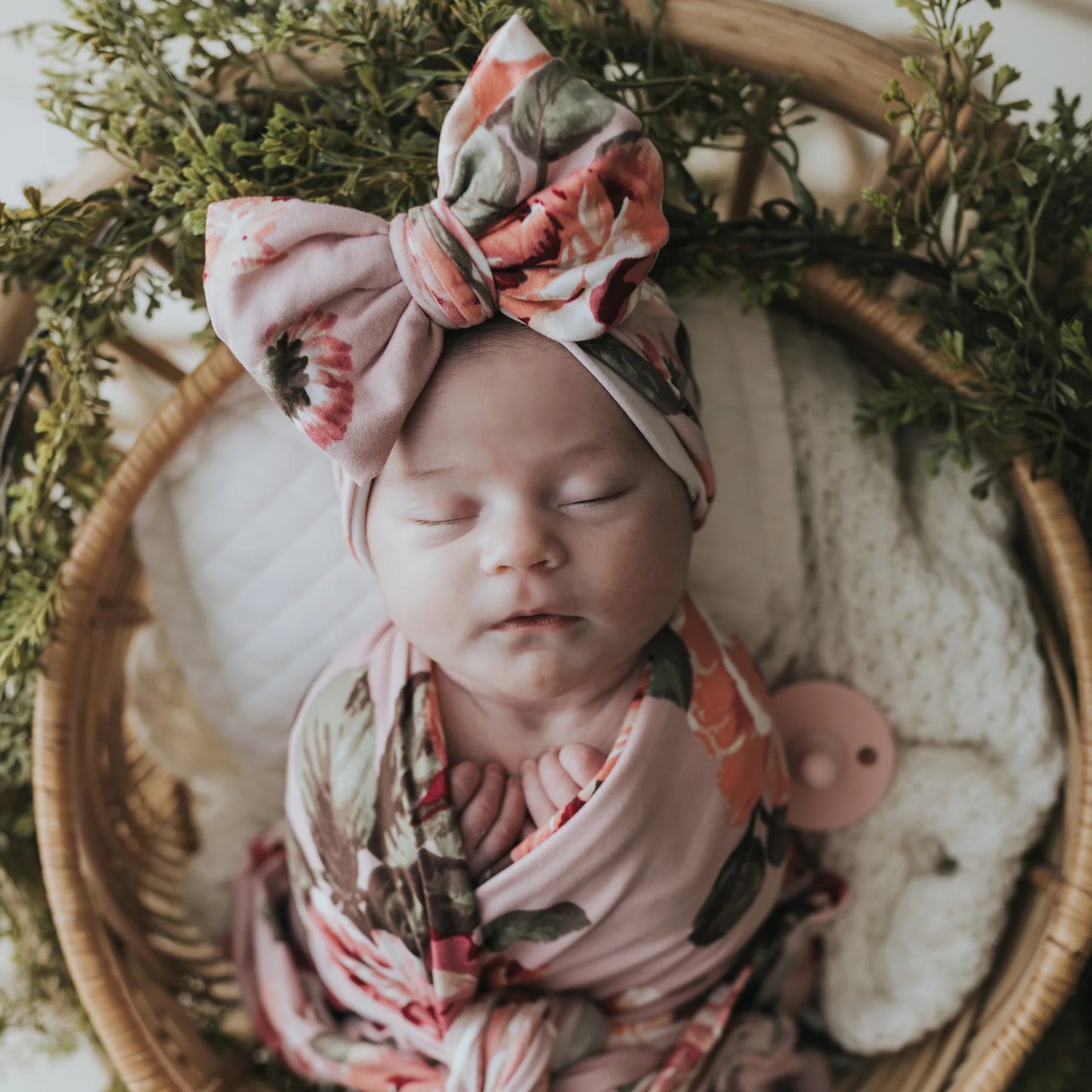 Mauve Floral Swaddle Blanket with Bow Turban