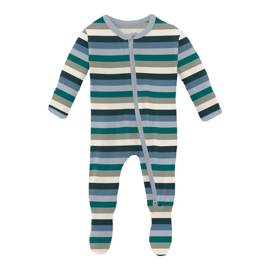 Snowy Stripe Print Footie with 2 Way Zipper