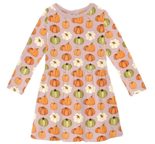 Print L/S Twirl Dress w/ Pockets - Rose Pumpkin Patch