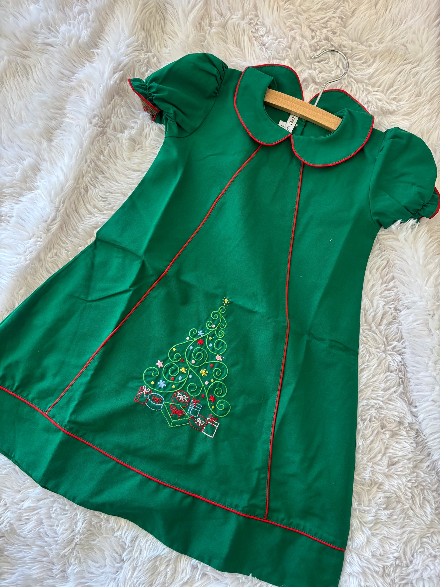 Christmas Tree Embroidered Hunter Green Dress