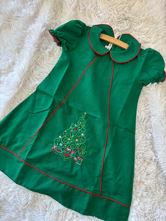 Christmas Tree Embroidered Hunter Green Dress