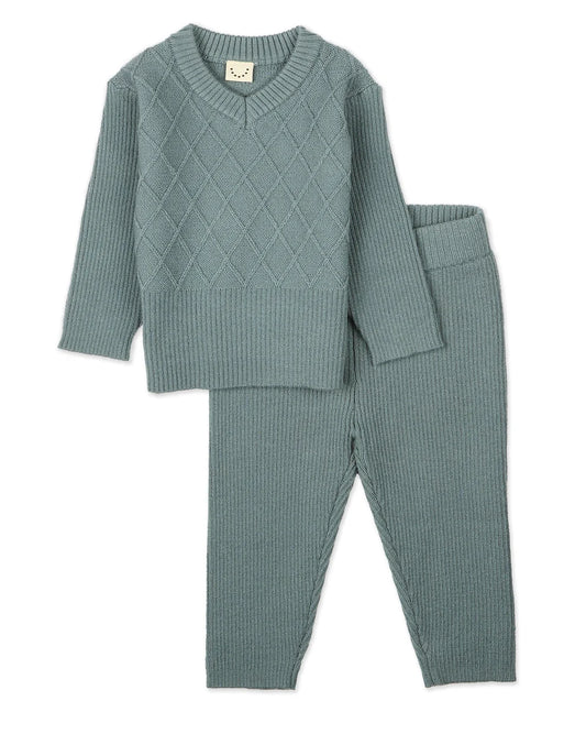 "Romeo" Mixed Knit Cardigan & Pant Set-Blue