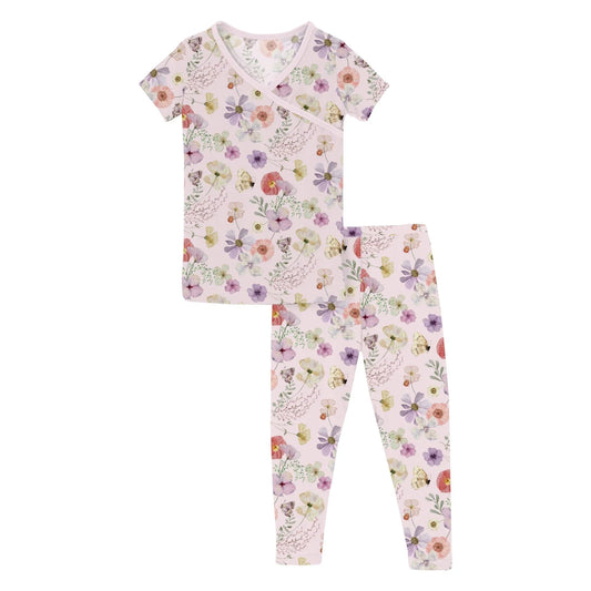 Shrinking Violet Pressed Flowers Short Sleeve Kimono Pajama Set