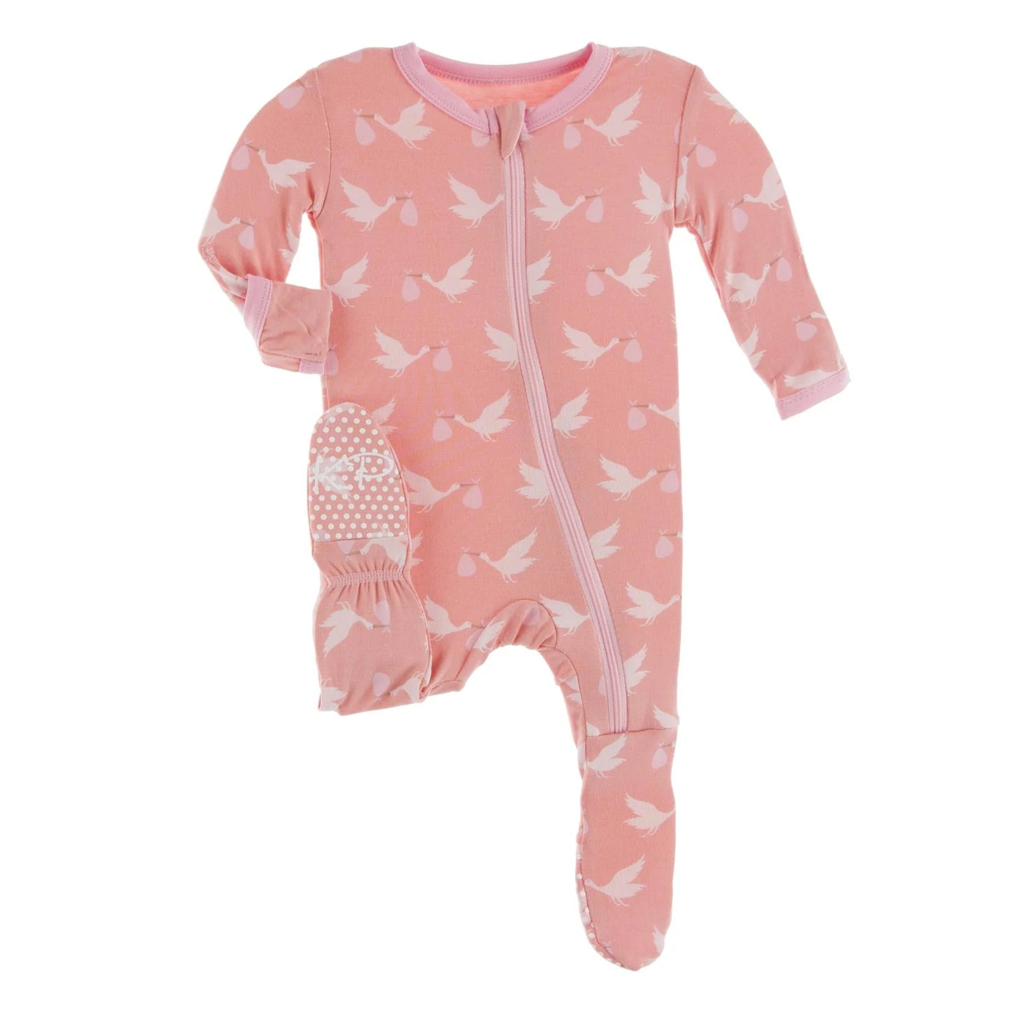 Blush Stork Print Footie with 2 Way Zipper
