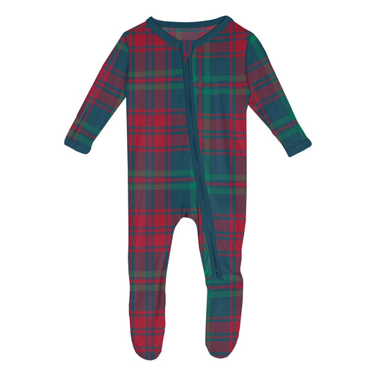 Peacock Plaid Print Footie with 2 Way Zipper