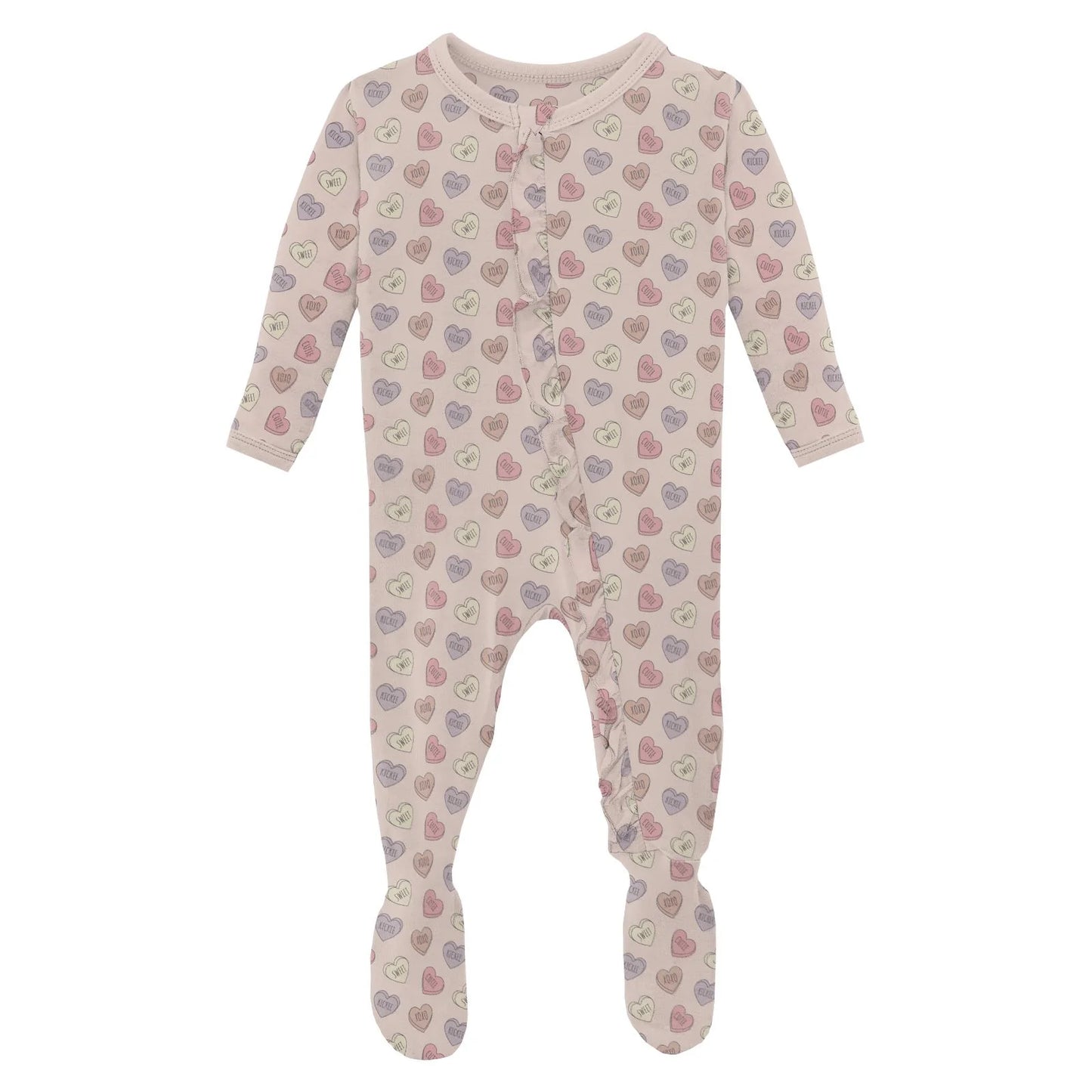 Layette Ruffle Footie with 2 Way Zipper | Candy Hearts