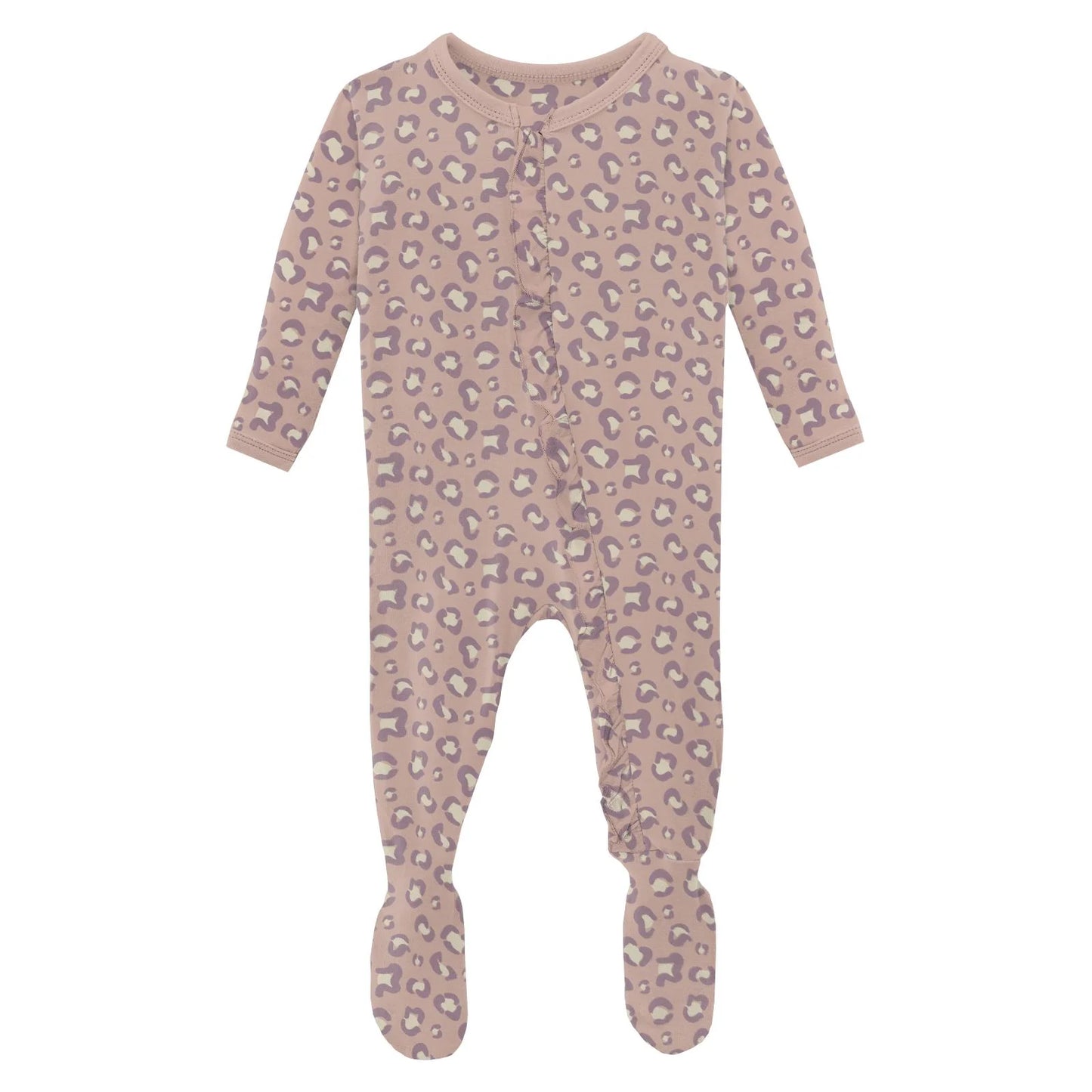 Layette Ruffle Footie with 2 Way Zipper | Baby Rose Cheetah Print