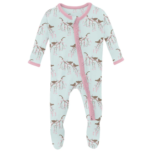 Fresh Air Bird Branch Layette Ruffle Footie w 2 Way Zipper