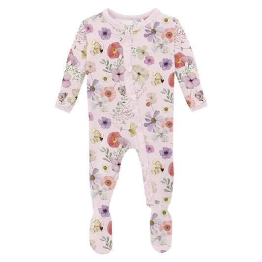 Shrinking Violet Pressed Flowers Layette Ruffle Footie w 2 Way Zipper