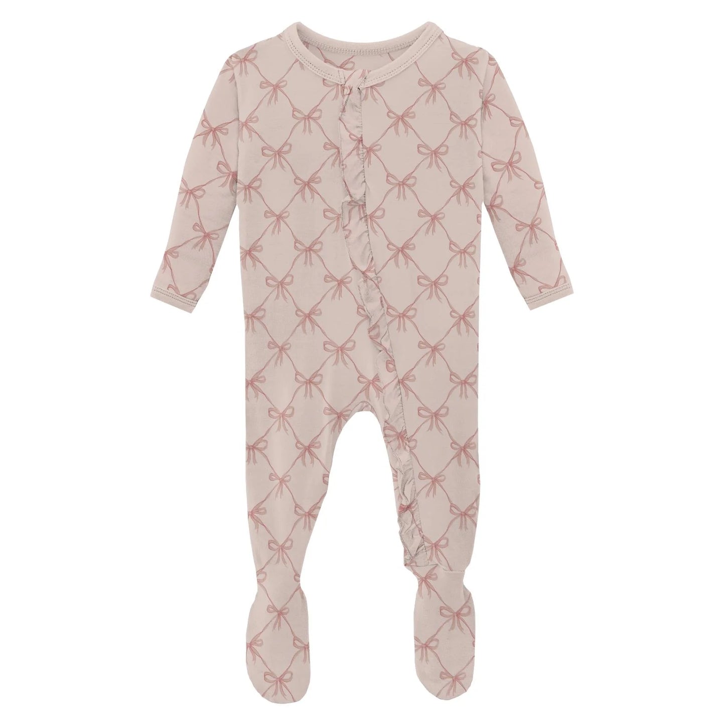 Layette Ruffle Footie with 2 Way Zipper | Violet Bow Lattice