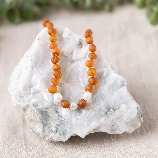 Freshwater Pearl Accent + Raw Cognac Amber Kids Necklace
