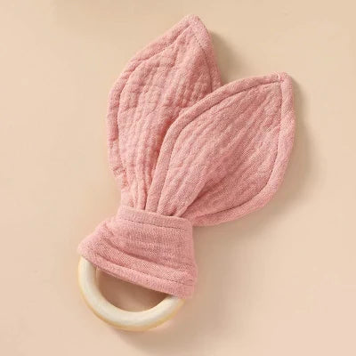 Pink Beechwood Teether with Muslin Cloth