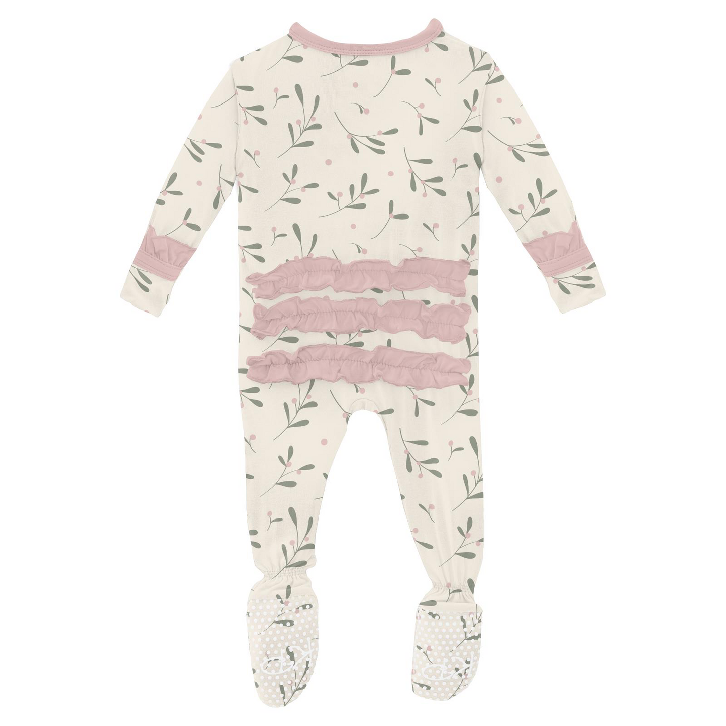 Natural Mistletoe Print Ruffle Footie with 2 Way Zipper