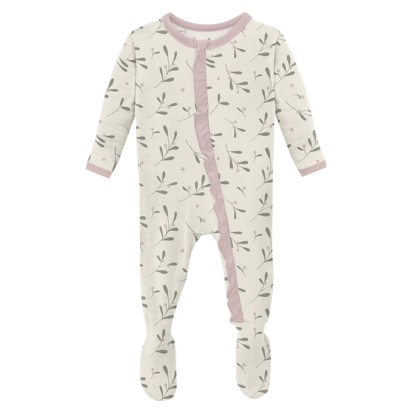 Natural Mistletoe Print Ruffle Footie with 2 Way Zipper