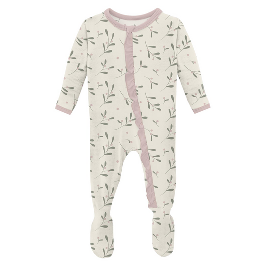 Natural Mistletoe Print Ruffle Footie with 2 Way Zipper