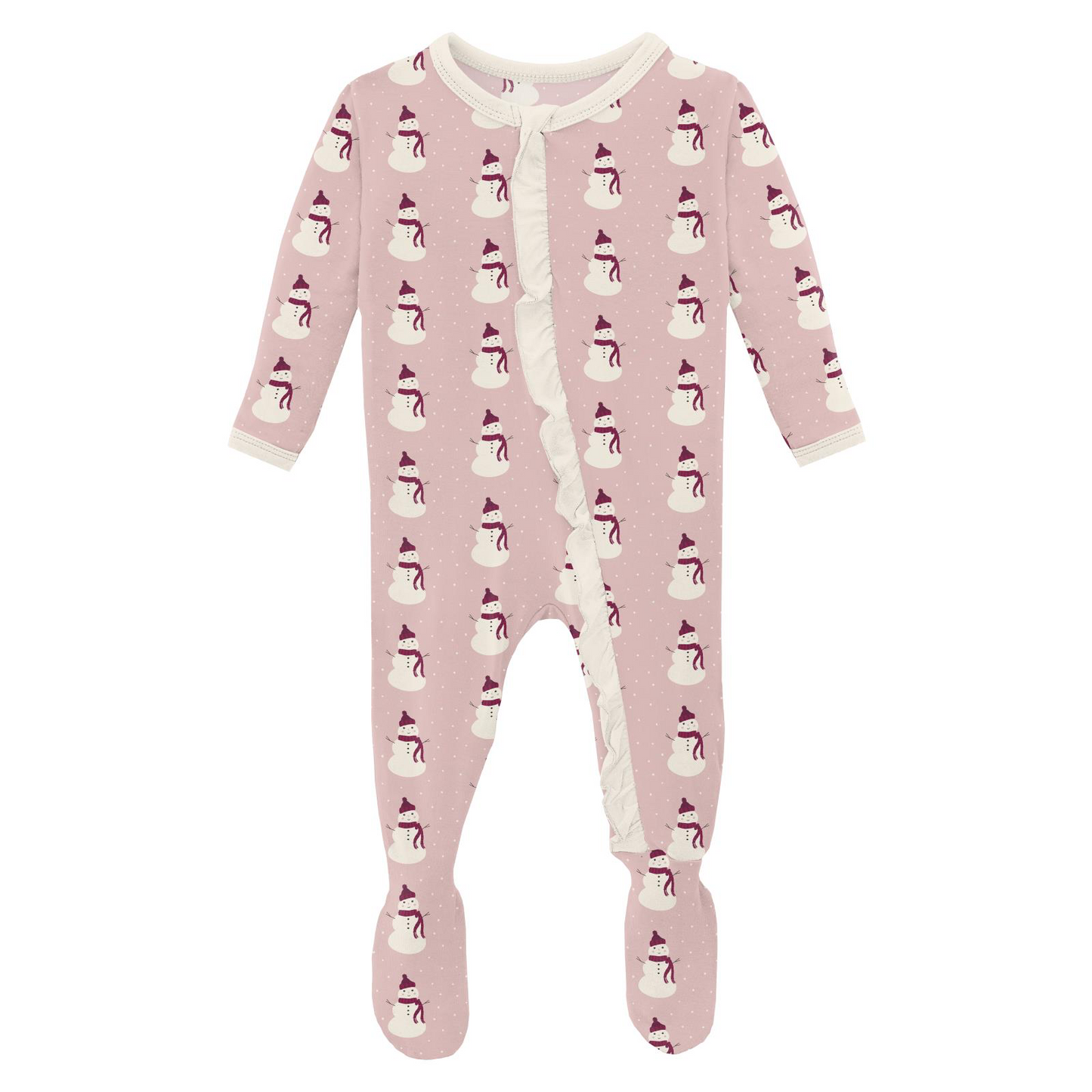 Baby Rose Tiny Snowman Print Ruffle Footie with 2 Way Zipper
