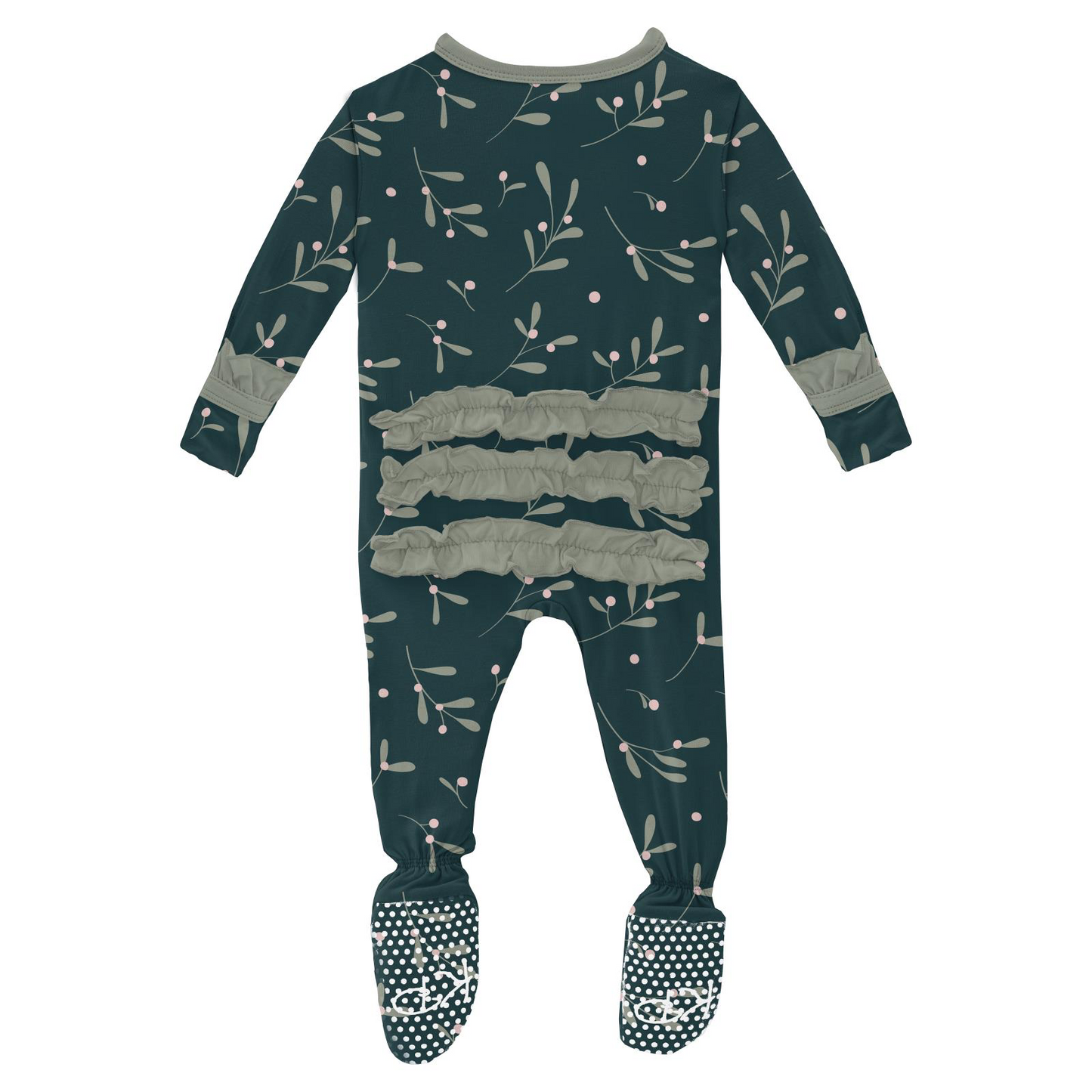 Pine Mistletoe Print Ruffle Footie with 2 Way Zipper