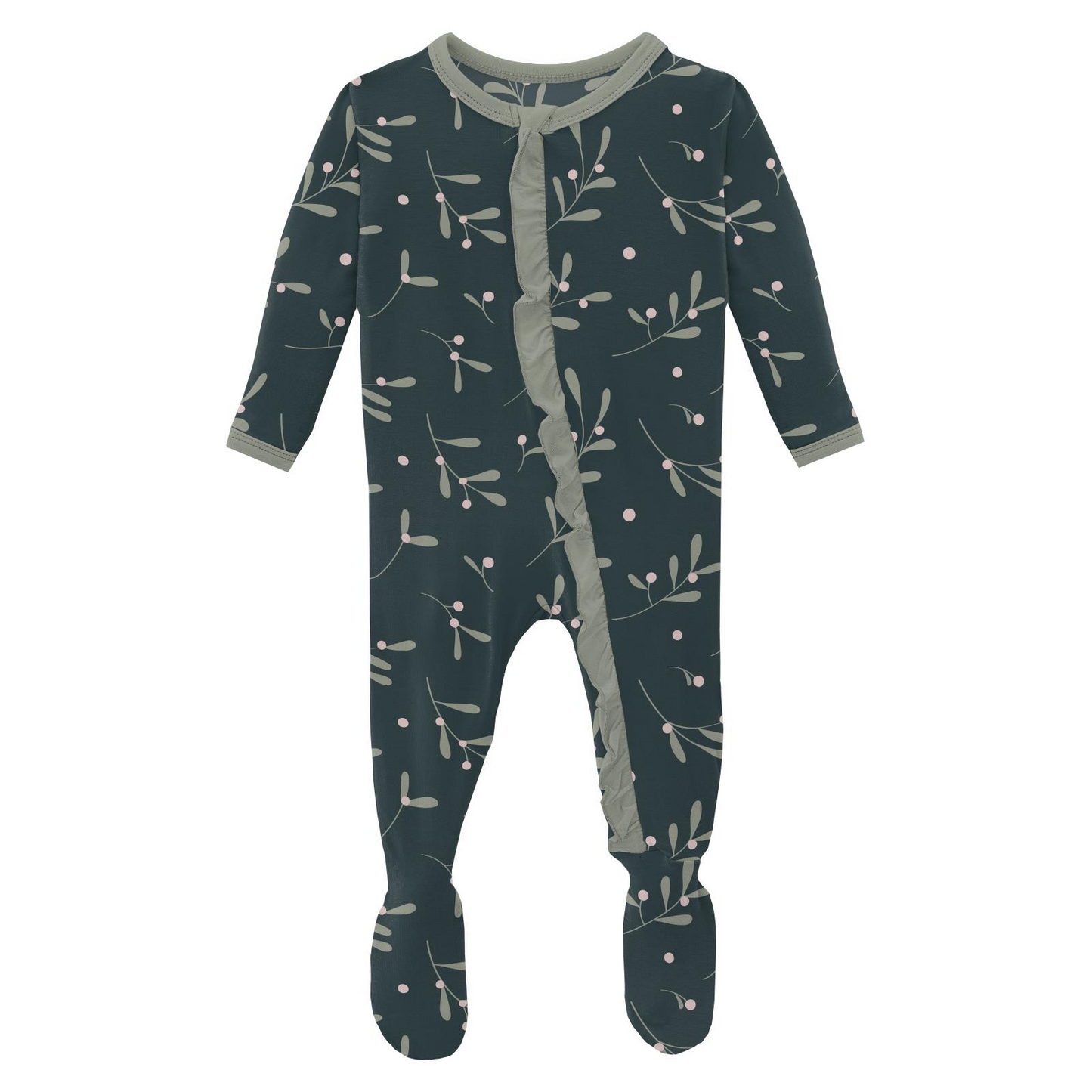 Pine Mistletoe Print Ruffle Footie with 2 Way Zipper