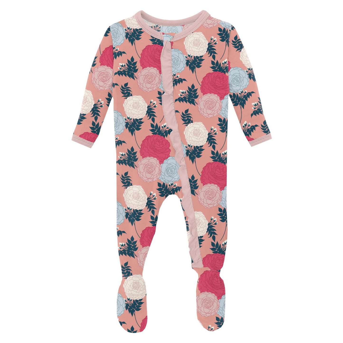 Blush Enchanted Floral Classic Ruffle Footie w/ 2 Way Zipper