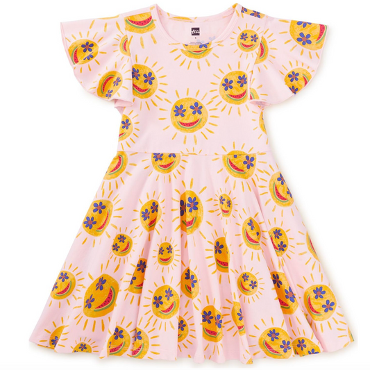Smiley Sun Flutter Sleeve Twirl Dress