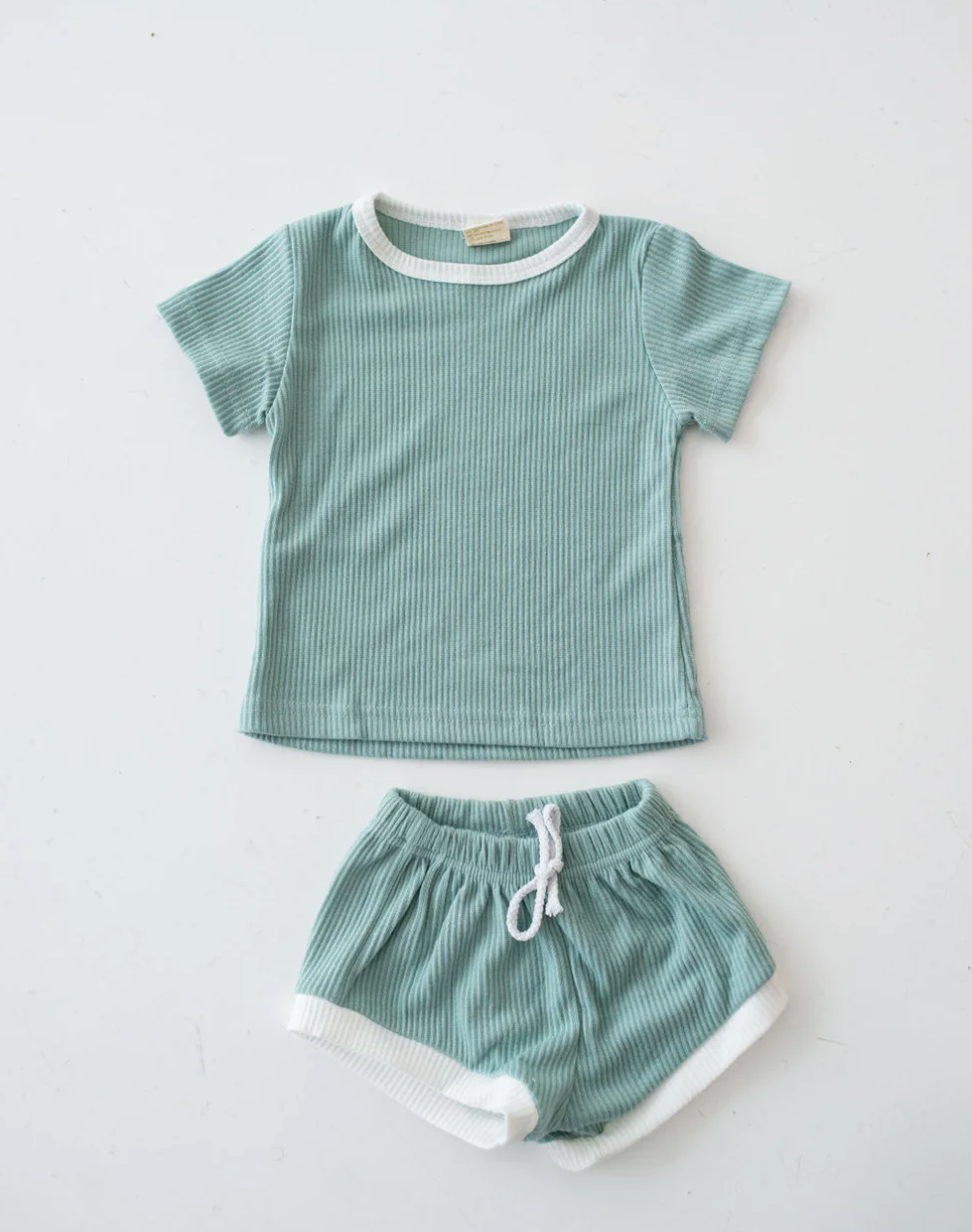 Ribbed Short Set - Aqua