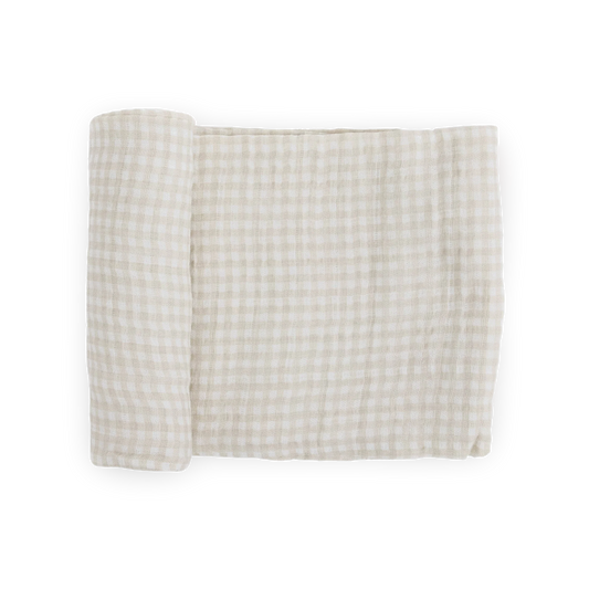 Tan Gingham Cotton Muslin Swaddle Blanket