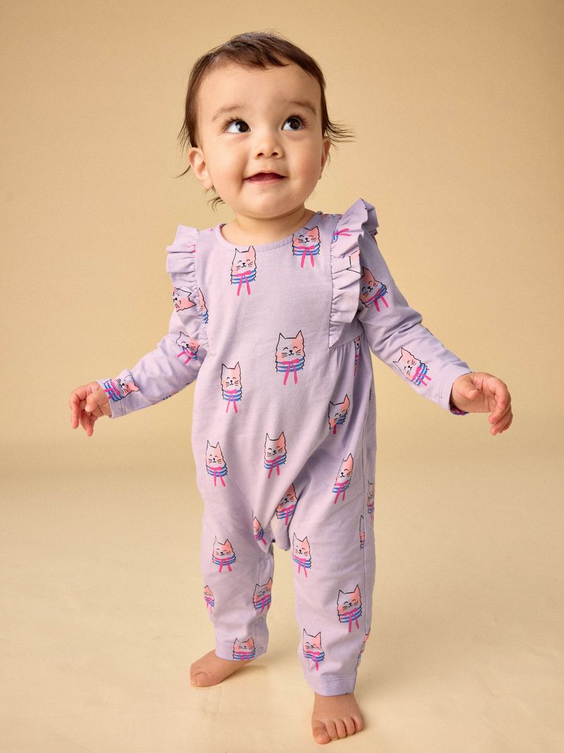 Bow Tie Cats Ruffle Shoulder Baby Romper