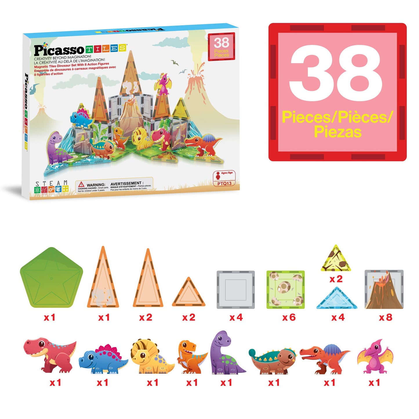 PicassoTiles 38pc (Dinosaur Theme) Magnetic Tile Building Set