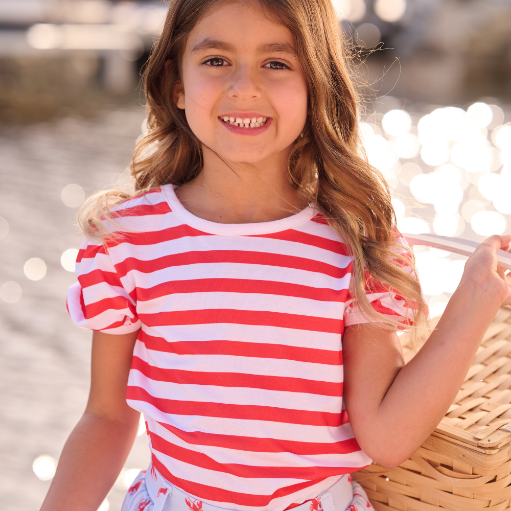 Girls Spring Summer Puff Sleeve Shirt - Amelia Red Stripe