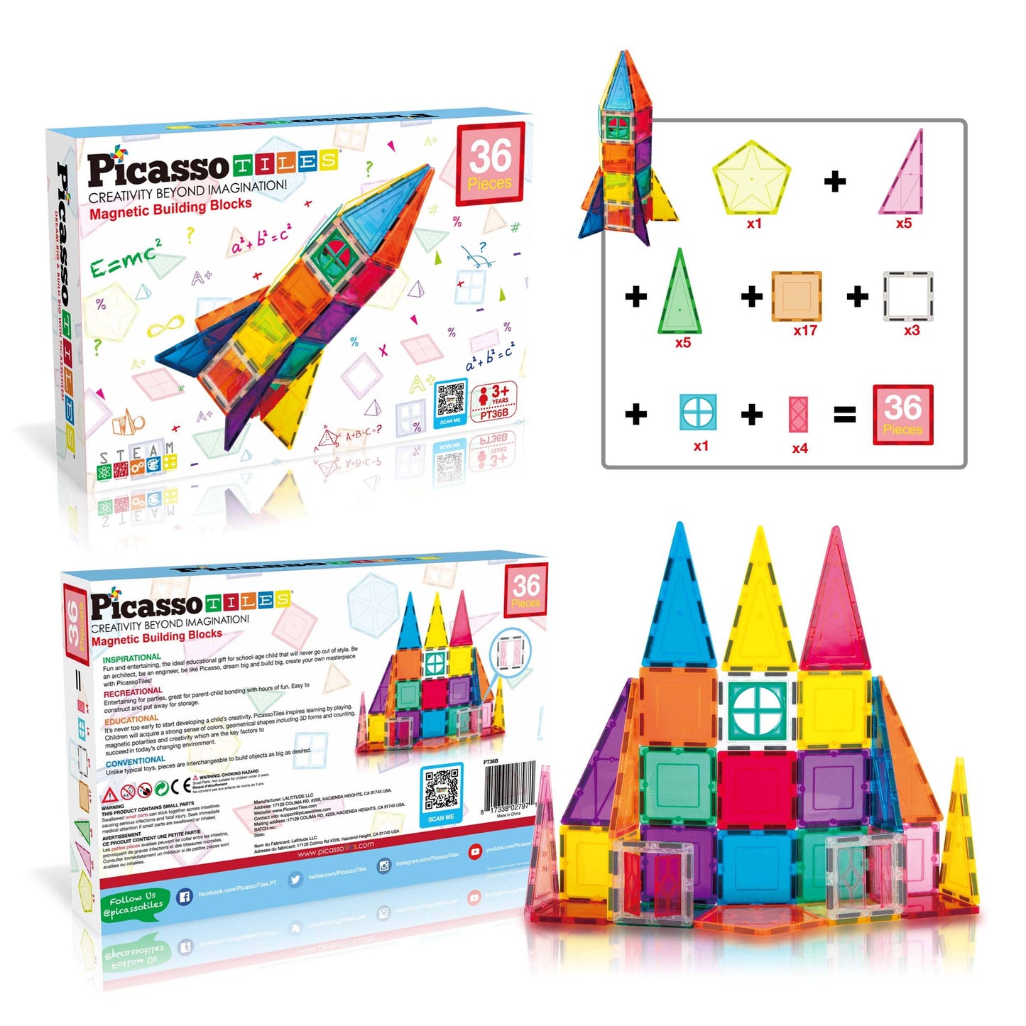 PicassoTiles 36pc Rocket Set Magnetic Building Block PT36B