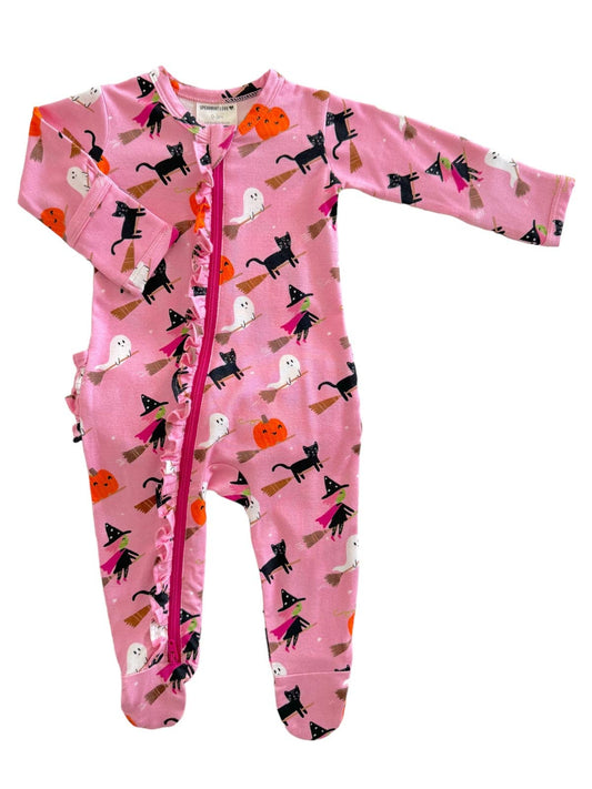 2-Way Ruffle Zip Footie, Broomstick Friends Pink