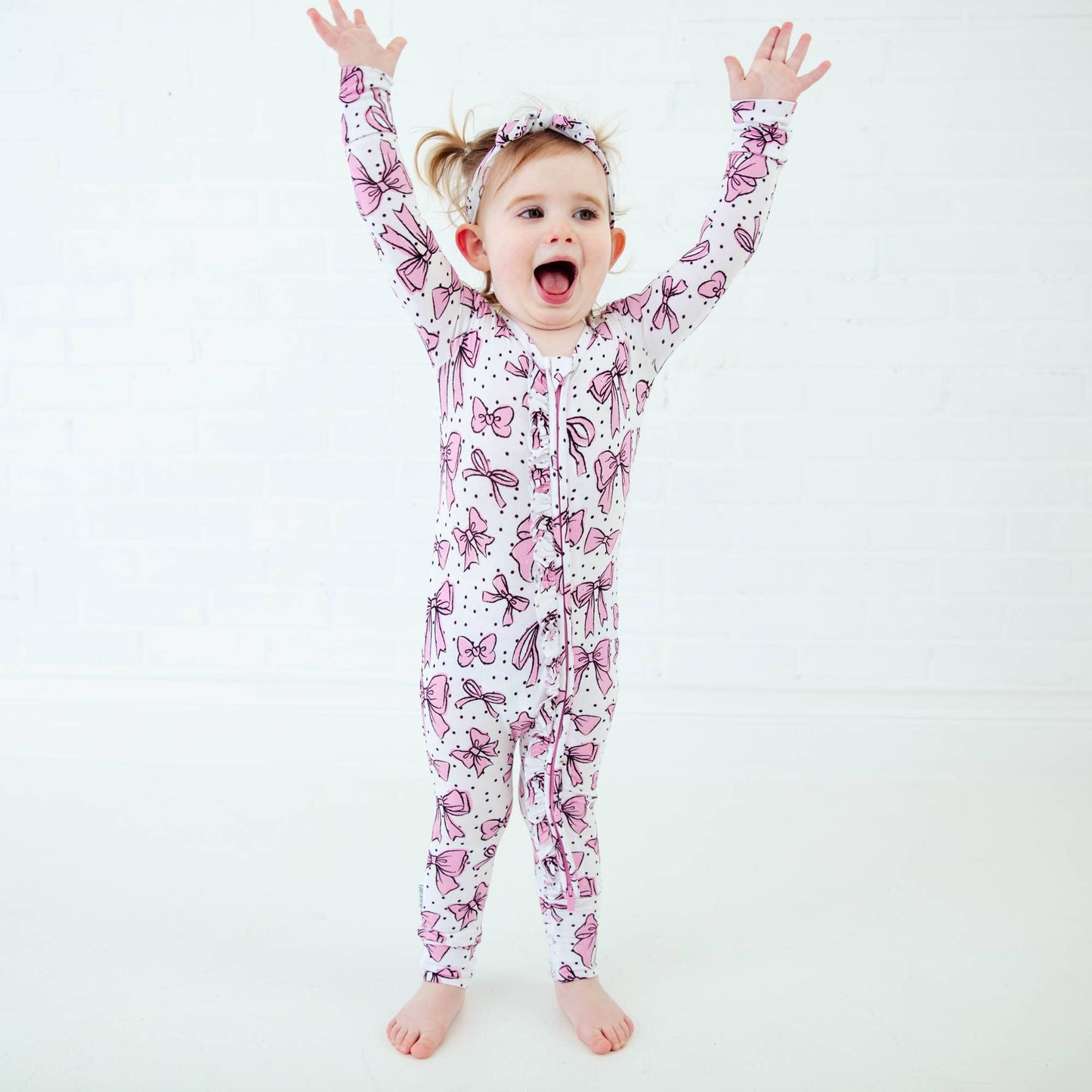 All Tied Up Pink Bows Bamboo Ruffle Convertible Footie PJs