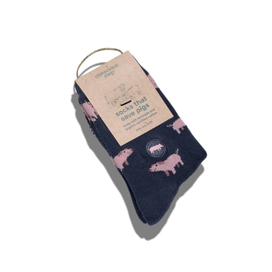 Kids Socks that Save Pigs (blue with pigs)