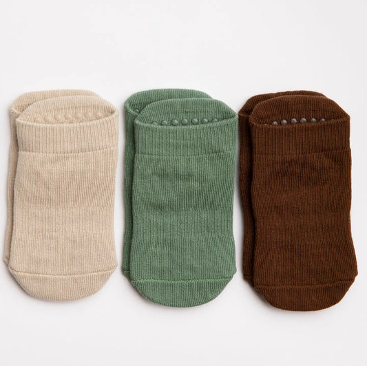Chai Collection | Sand, Brown, Green Grip Bay, Kids Ankle Socks