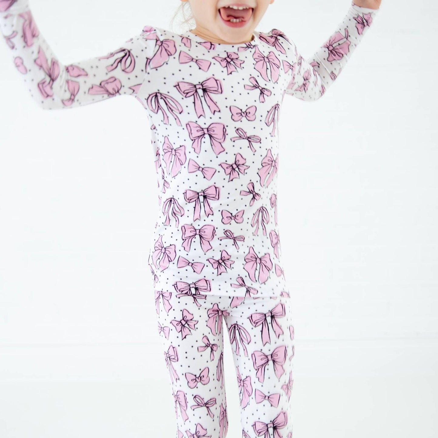 All Tied Up Pink Bows Kids Bamboo Two Piece Pajamas Set