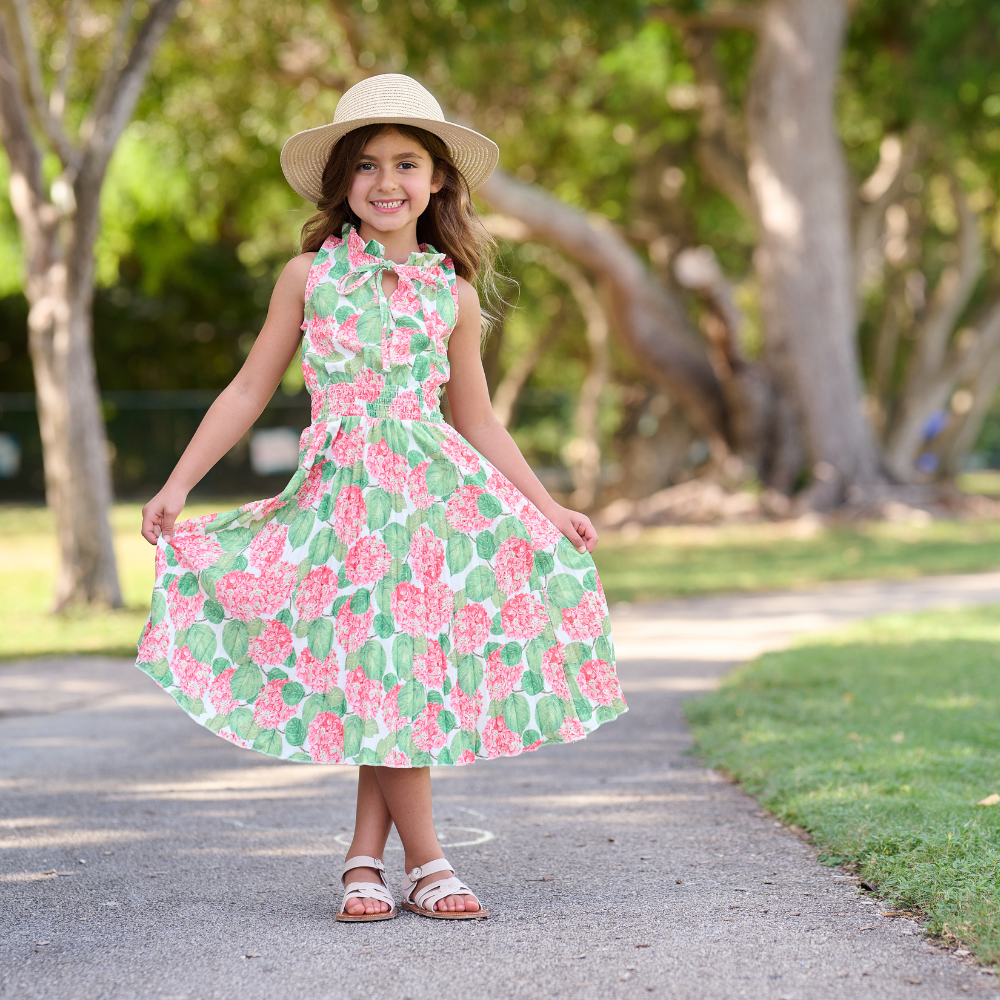Girls Spring Summer Keyhole Tank Dress - Red Hydrangeas