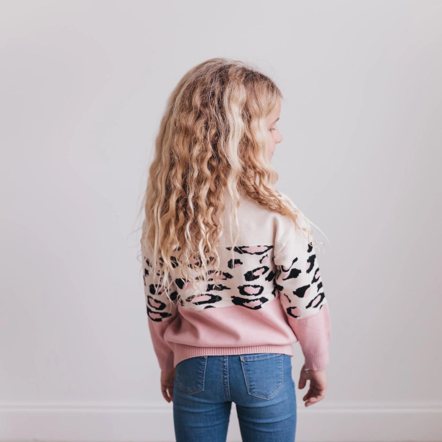 Girls Pink & Cream Leopard Crew Neck Sweater