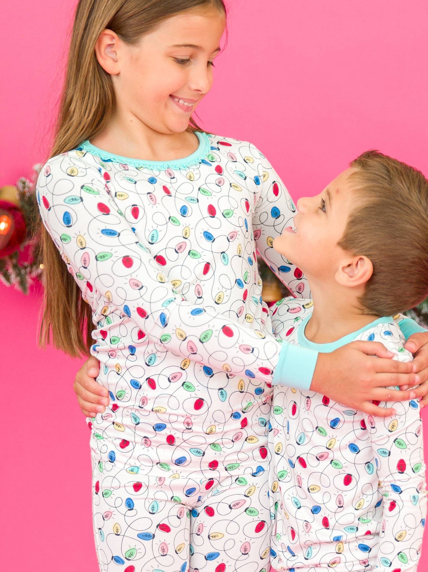 Girls Holiday Lights Bamboo Viscose Ruffle Long Sleeve Pajama Set