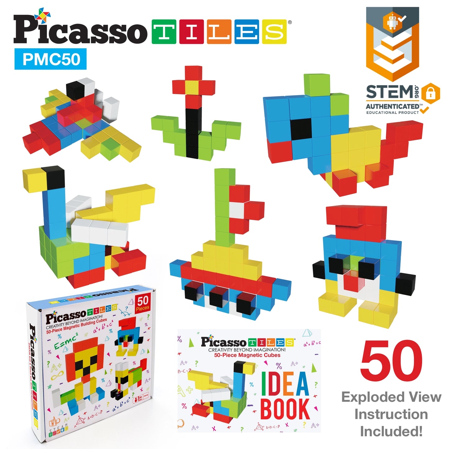 PicassoTiles 50pc 1" Pixel Magnetic Cube Set