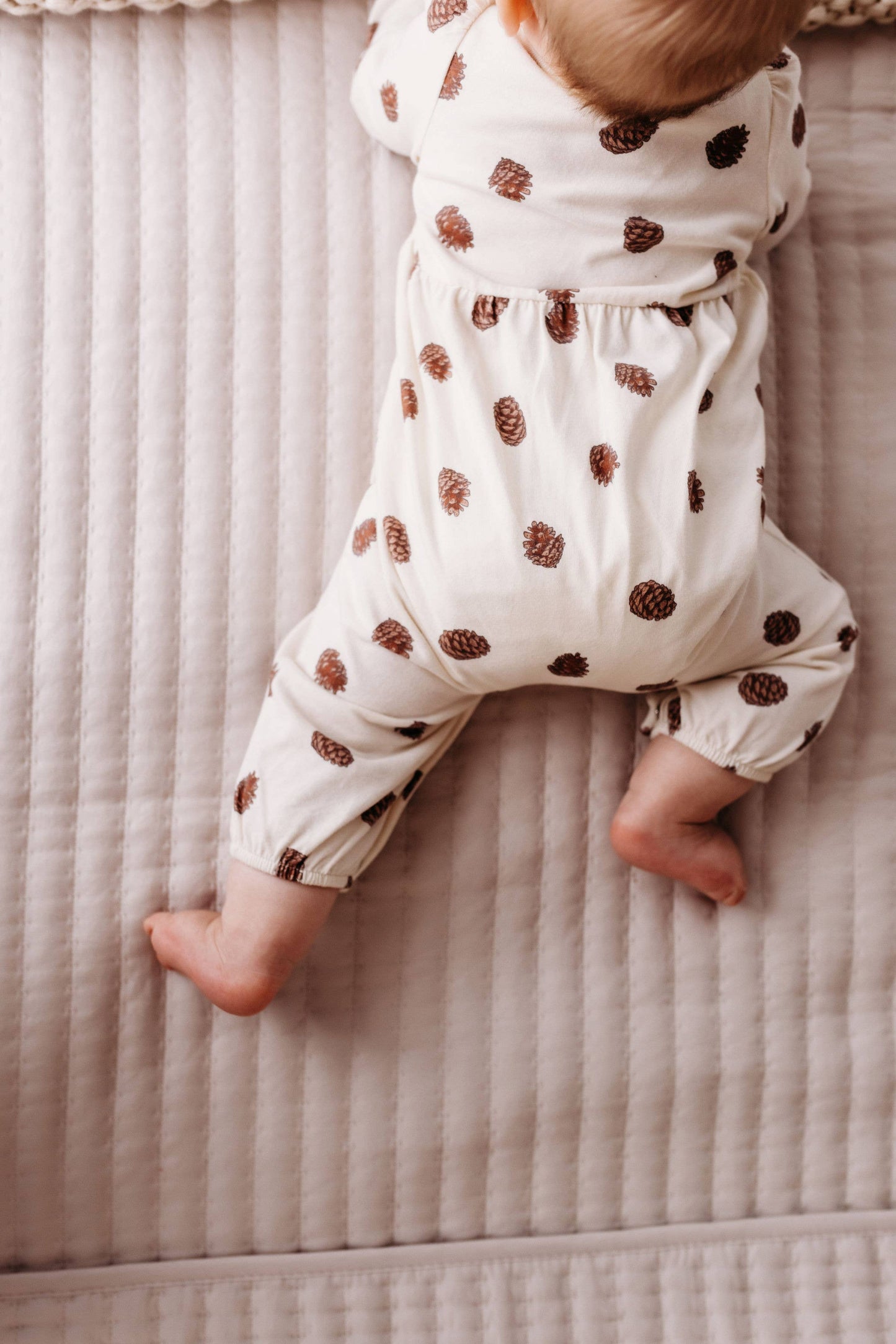 PNW Baby Gathered Button Romper- Pinecones